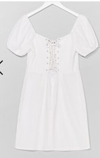 Nasty Gal Lace-Up to You Puff Sleeve Mini Dress White Uk Size 12 # 1