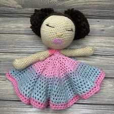Vintage Handmade Crocheted Doll Brown Hair Pink Blue Dress 12 Lovey