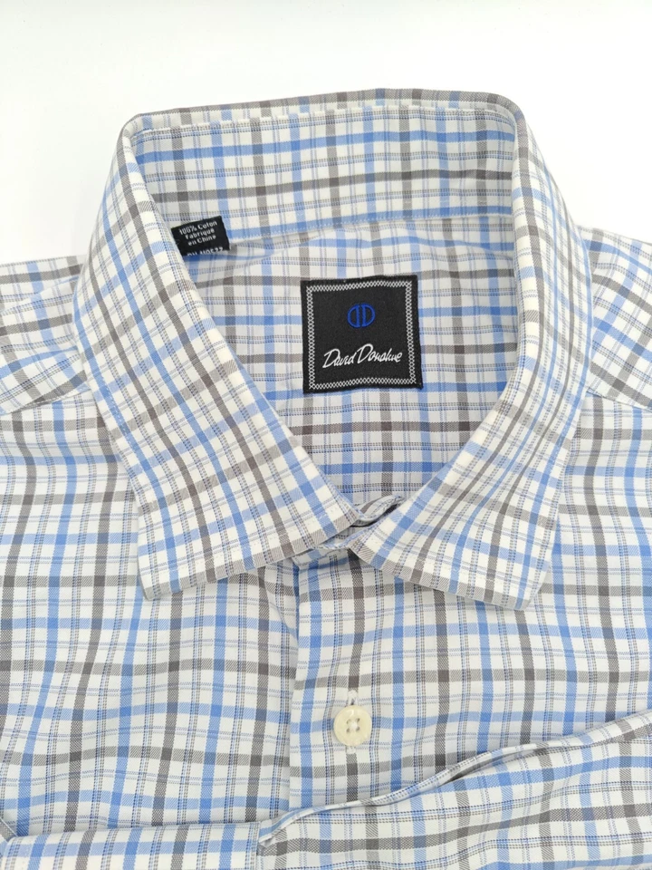 🇺🇲 Camisa de vestir David Donahue para hombre 16,5x35 azul gris a cuadros 100 % algodón  Foto 3 de 4