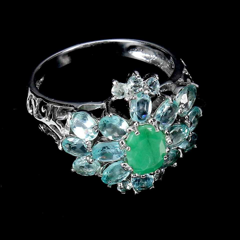 925 Argento Sterling Ovale Smeraldo 7x5mm Acquamarina Zircone Anello 7.5 - Immagine 3 di 4