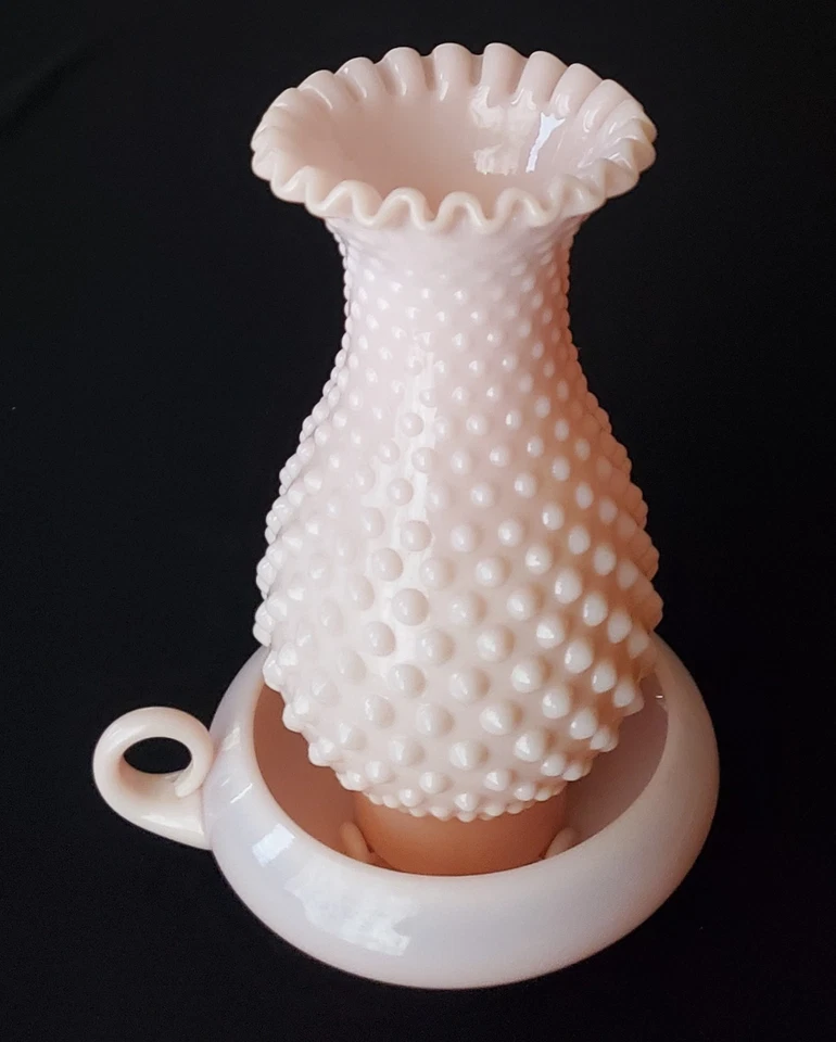 Fenton Rose Pink Hobnail Hurricane Lamp Shade Finger Loop Chamber Candle Holder - Image 2 of 4