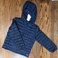 Gap Kids Girls Hooded Puffer Jacket Navy Heart Print S 6-7 