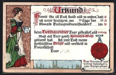 AK Hacker Bräu München, Urkund über soundsoviele geleerte Map Liebfrauenbier 