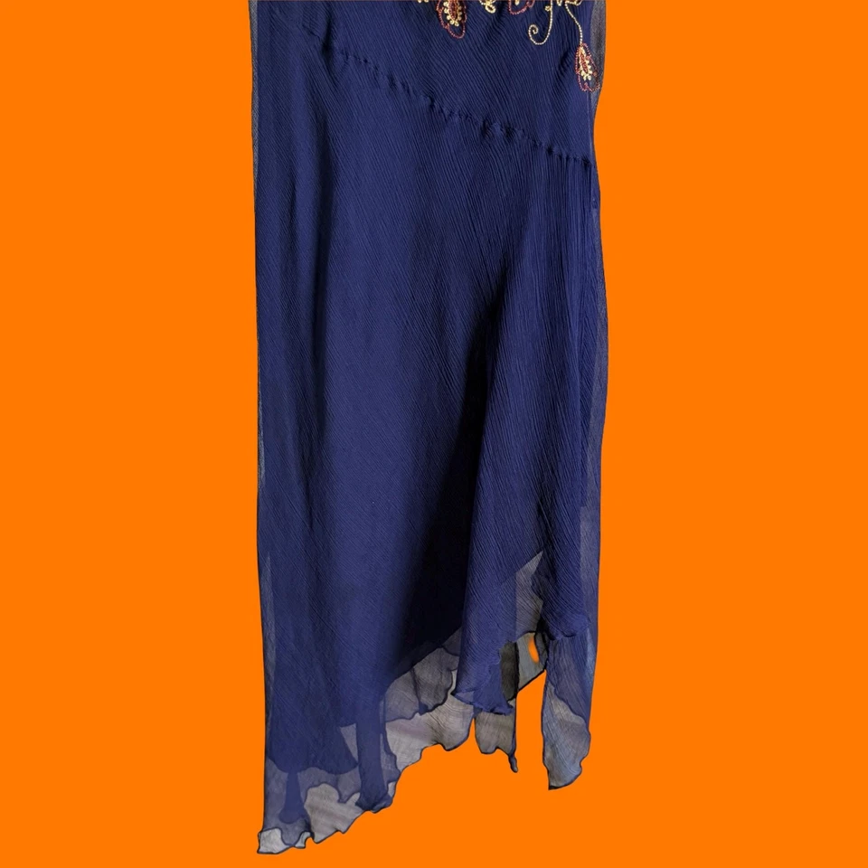 Vestido vintage años 00 azul marino lentejuelas florales 100% seda gasa hada boho y2k talla 12 Foto 4 de 4
