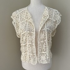 VTG Handmade Womens Open Front Crochet Vest Sz M Boho Coastal Cottage Festival