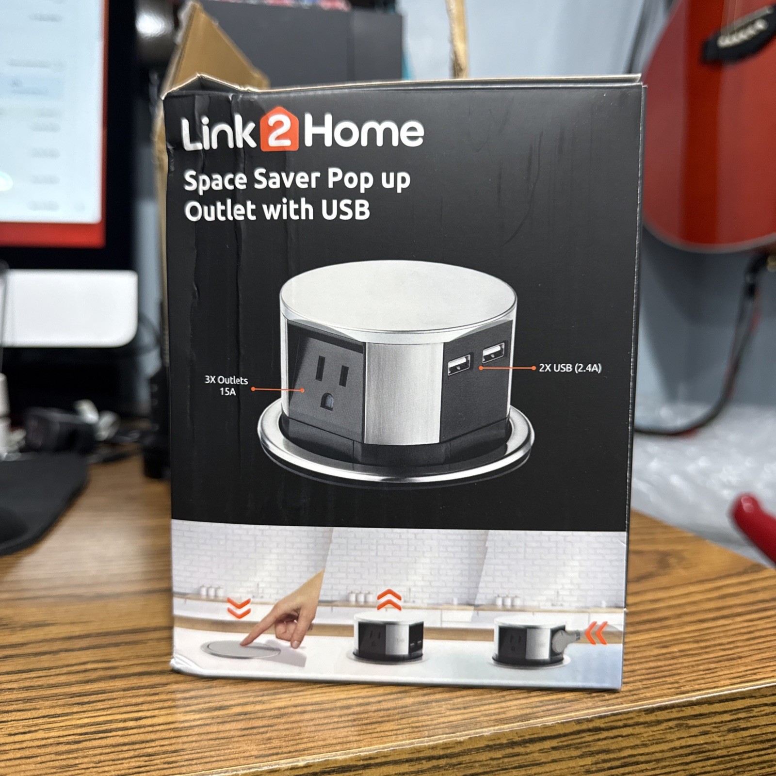 LINK2HOME EM-PU-100E Space Saver Pop Up 15A Outlets USB Fast Charge in Stainless