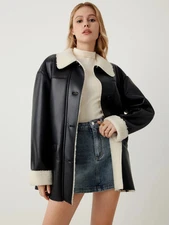 Women’s Black Leather Faux Fur Coat, Oversized Winter Jacket with White Collar
