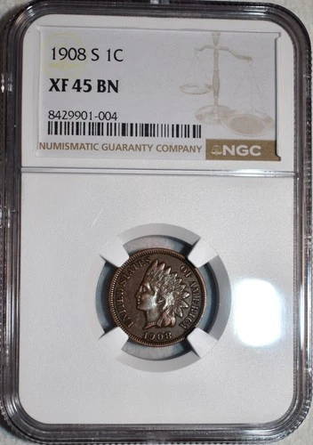 NGC XF-45 BN 1908-S Indian Head Cent, Razor-Sharp, Chocolate-Brown, Key-Date!