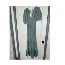 STORIA Green Maxi Dress Puff Sleeve Ruffle Tie Empire Waist V-Neck Size S