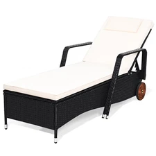 Patiojoy Adjustable Recline Patio Rattan Wicker Lounge Cushioned Chair w/Wheels