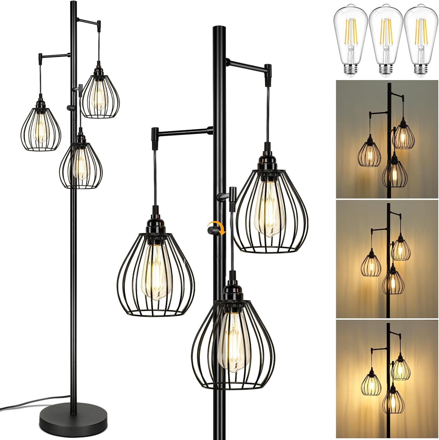Dimmable Industrial Farmhouse Floor Lamp with 3 LED Edison Bulbs 800LM Each