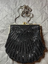 Vintage Lord Taylor Black Beaded Evening Bag with Mirror for Formal Events