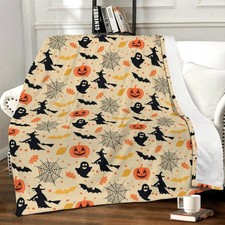 Halloween Throw Blanket 50x60 Inch Witch Spider Webs Bat Pumpkin Fall