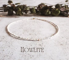 Howlite Anklet 2mm Faceted Tiny White Stone Beads Healing Crystal Reiki Jewelry