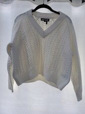 DKNY Jeans Women's White Cable Knit V-Neck Sweater XS Long Sleeve Soft Cozy