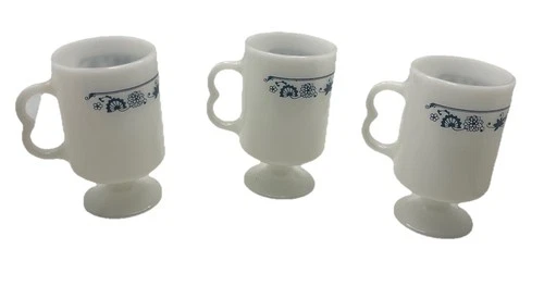 VTG Pyrex Milk Glass Pedestal Mugs Set of 3 Old Town Blue  Pattern White READ