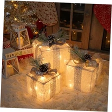 Set of 3 Christmas Lighted Gift Boxes with 60 LED Lights, Plug-in Silver