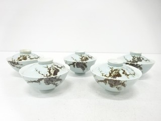 21912# JAPANESE TEA CEREMONY / LIDDED TEA BOWL CHAWAN / SET OF 5 / UME / IROE