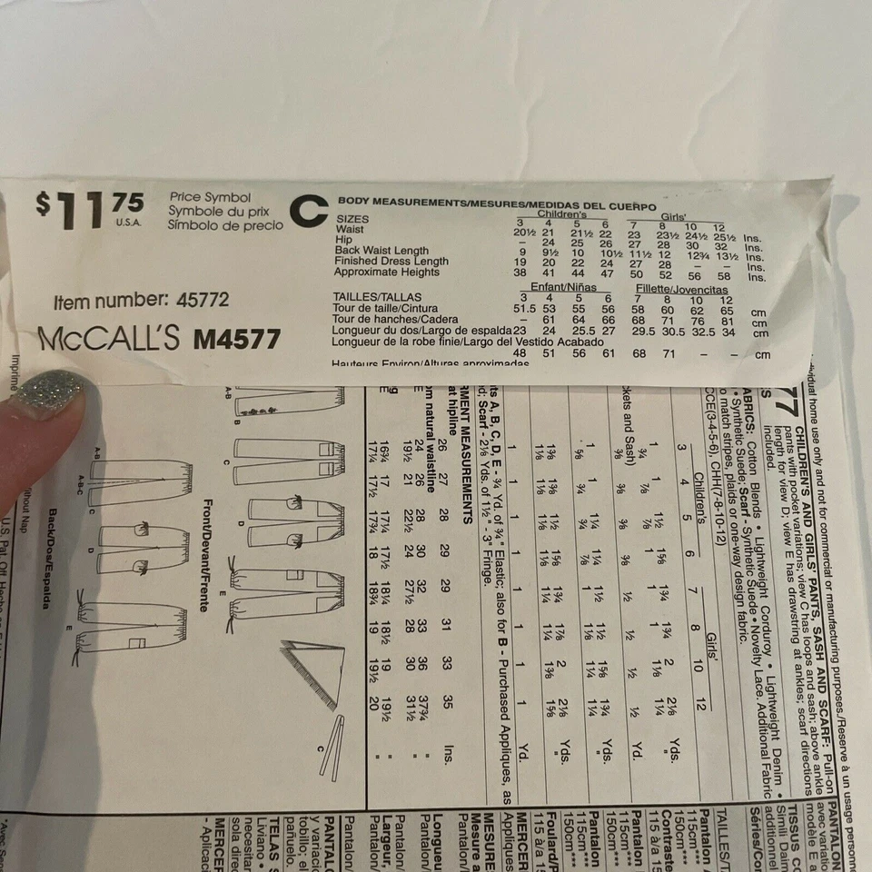 McCalls Pattern 4577 Sizes 7-12 Children & Girls Pants Sash Scarf 2004 - Image 3 of 3