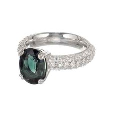 Unique Green Blue Sapphire With Pave Set White CZ Solitaire Engagement Fine Ring