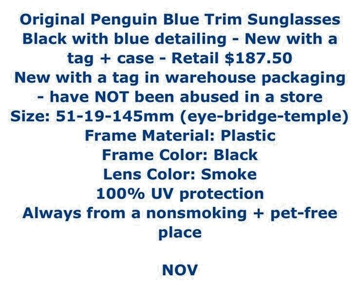 $187 Gafas de sol originales Penguin Blue Ribete 51-19-145 mm Marco negro Lente gris NUEVO Foto 2 de 4