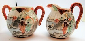 Large Antique Japanese Hand Painted Creamer & Sugar Bowl, People, Landscape