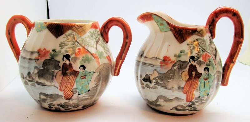 Large Antique Japanese Hand Painted Creamer & Sugar Bowl, People, Landscape
