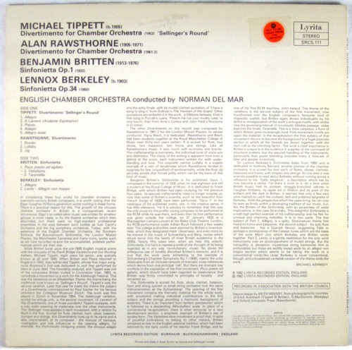 LYRITA UK 1982 TIPPETT BRITTON RAWSTHORNE BERKELEY Del Mar SRCS-111 NM- - Picture 5 of 5