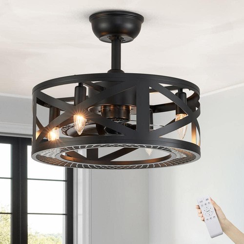ANTOINE Ceiling Fan 17.2"x17.2" Black w/Lights+Remote Enclosed+Timer Heavy Duty