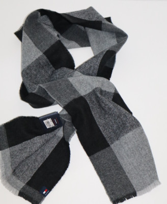 TOMMY HILFIGER Black Gray Buffalo Check Oversized MENS Scarf Fringe  6.7'' x 9''