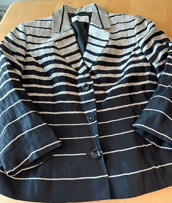 PRECIS PETITE JACKET US 2/4 UK 8 BLACK TAN STRIPE LINEN BLEND 3/4 SLEEVE 