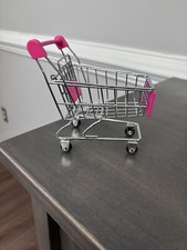 Metal Grocery Cart Mini Doll Sized Silver and Pink Small Shopping Cart