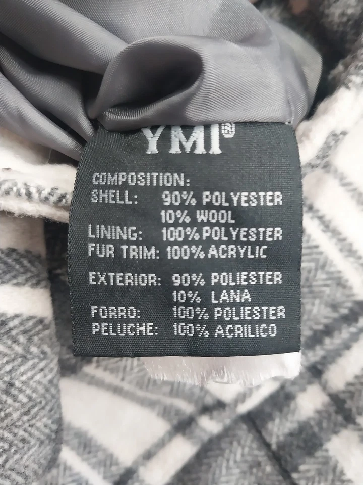 Abrigo YMI a Cuadros Guisante Mujer Pequeño Blanco Gris Doble Pecho Imitación Piel Borde Capucha Foto 4 de 4