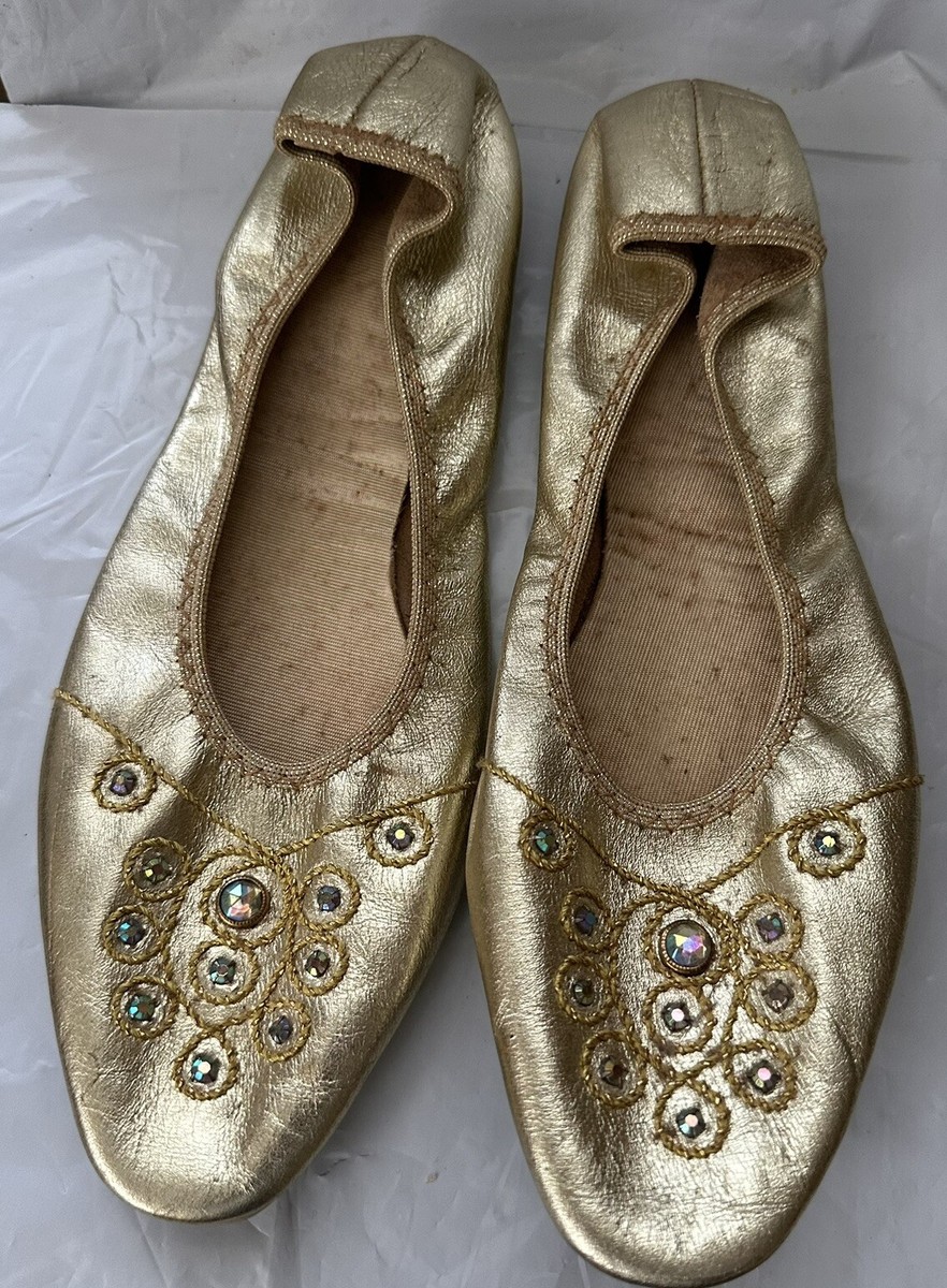 Vintage 1960s Slippers Gold Lame Mercury Leather Rhinestones
