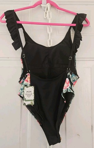 NEU Größe M Damen Badeanzug schwarz Blumen Einteiler - dh3368 - Bild 2 von 6