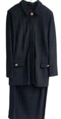 St. John Skirt Suit Black Wool W12  Black Gold Button Velvet Trim Shoulder Pads