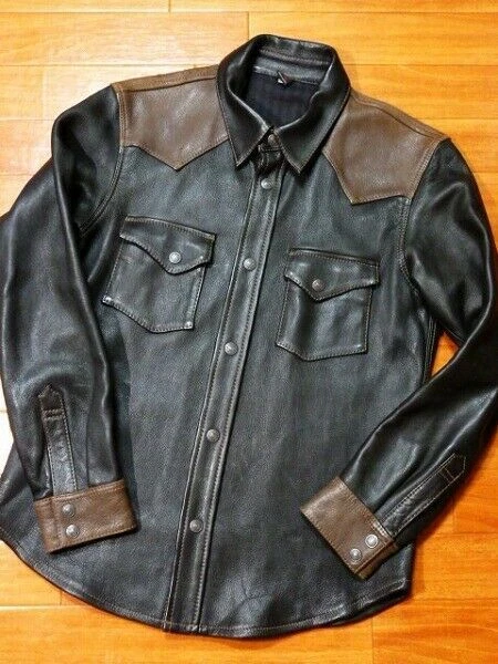 Men’s Genuine Cowhide leather Black Shirt Button Up Jacket Vinatge Cowboy S M L