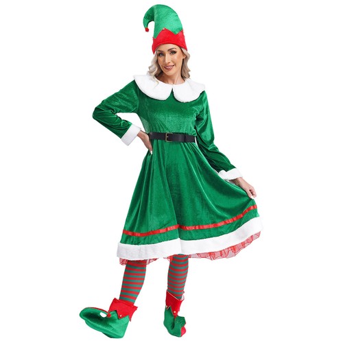 AU Womens Christmas Elf Costume Santa Helper Velvet Fancy Dress 5-piece Set - Picture 8 of 21