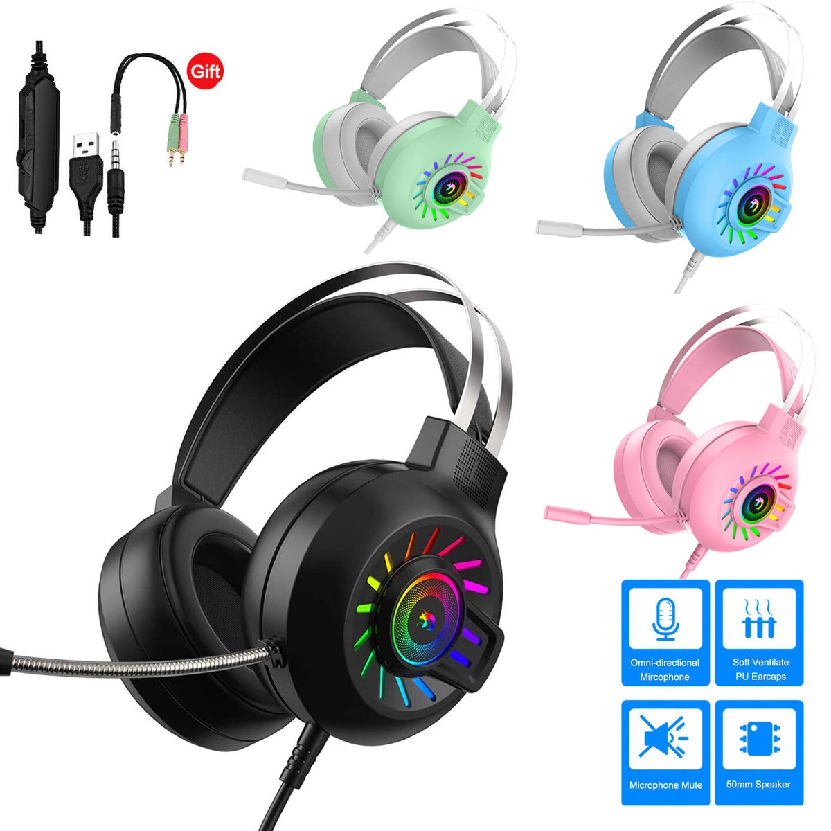 Gaming Headset Mic LED Headphones Stereo Bass Shock Surround For