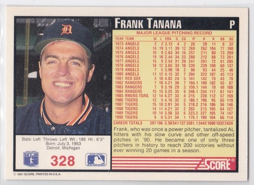 M) 1991 Score Baseball Trading Card - Frank Tanana #328 - Picture 2 of 2