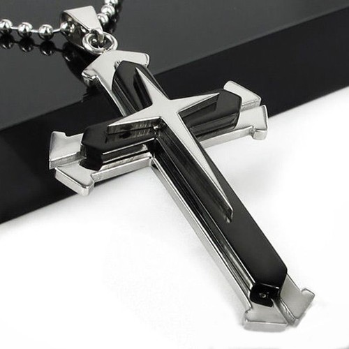 Stainless Steel Cross Pendant With Chain Men Metal Gold/Silver Plated Necklace - Picture 9 of 15