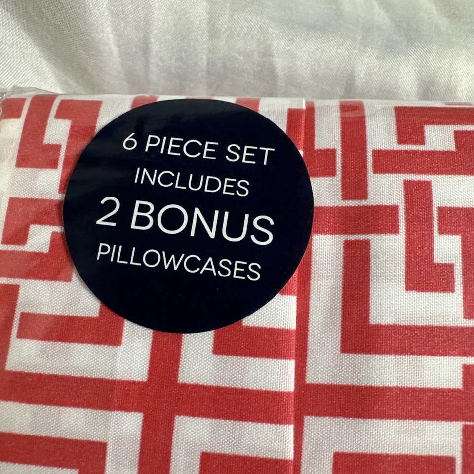 Juego Completo de Sábanas Trina Turk 6 Piezas Mazen Diseño Geométrico Coral y Blanco NUEVO Foto 4 de 4