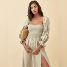 NWOT Reformation Hyland Linen Midi Green Dress Long Sleeve Size M