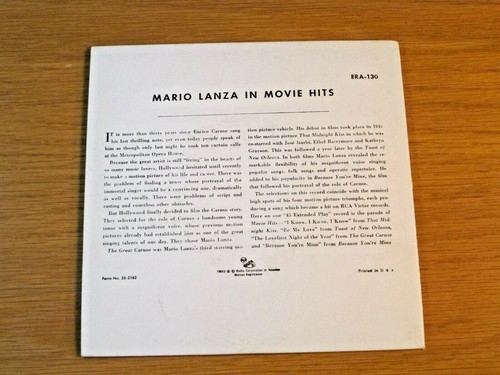 "POP / MOVIE 45 RPM EP - MARIO LANZA - RCA EPA-130 - ""MARIO LANZA IN MOVIE HITS" - Bild 2 von 2