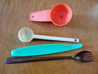 4 Vintage Tupperware Kitchen utensils Brown Fork-o-Spoon Orange mini funnel