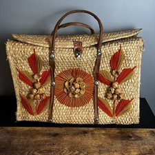 Vintage Mexican Straw Woven Retro Bag Rattan Flowers Embroidered Tote