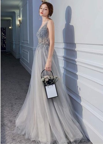 Damen hübsches Pailletten Perlen tiefer V-Schlitz ausgestellt Abendkleid Cocktail Abschlussball - Bild 7 von 20
