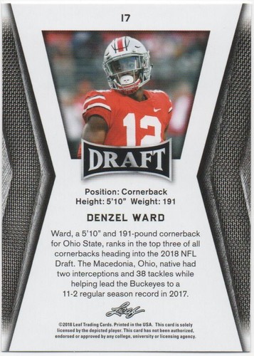 2018 Leaf Draft Football DENZEL WARD Base RC #17 Ohio State - Picture 2 of 2