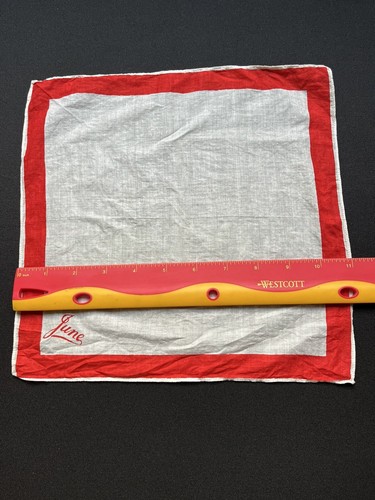 Vintage Hankie Red Border Imprint JUNE Pocket Square Handkerchief - Picture 5 of 5