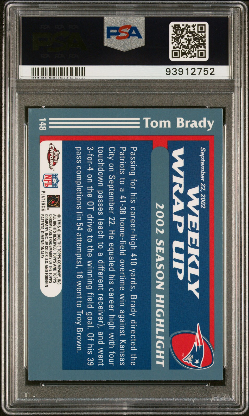 2003 TOPPS CHROME #148 TOM BRADY PSA 8 view 2